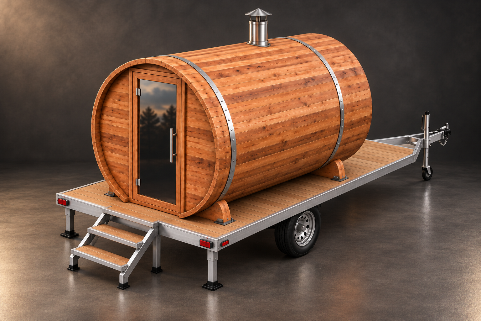 Cedar barrel sauna on an aluminum trailer with a wooden deck